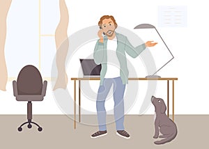 Man hipster speaks by phone, stays, distant, remote works at home. Freelancer, businessman negotiates, stands near dog at office