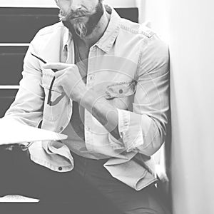 Man Hipster Working Writing Casual Vision Planning Strategy Concept