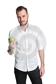 Man in his 20s holding an apple