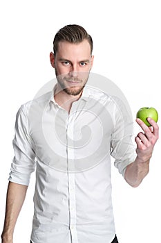 Man in his 20s holding an apple