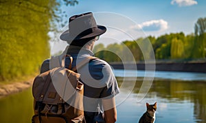 Man and his cat enjoying a peaceful moment by the water. A man with a backpack and a cat looking at the water