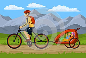 Man and his children traveling cycling together outdoor. Moutain Landscpape Background