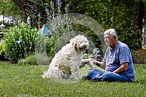 Man and his dog resting by garden