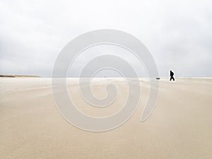 A man and his dog walking on the fine sandy  beaches of the Langeog island in Germany in Autumn