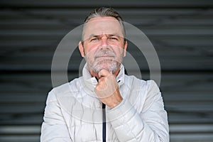 Man in his fifties has his hand at his chin