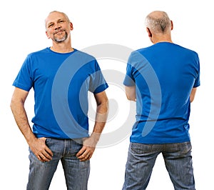 Man in his forties wearing blank blue shirt