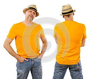 Man in his forties wearing blank orange shirt