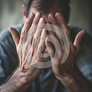 A man with his hands on the face, AI