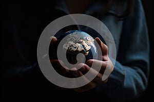 A man in his hands holds a mockup of the planet earth on a black background, the concept of saving ecology on the planet