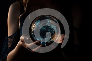 A man in his hands holds a mockup of the planet earth on a black background, the concept of saving ecology on the planet