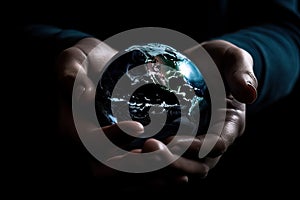 A man in his hands holds a mockup of the planet earth on a black background, the concept of saving ecology on the planet