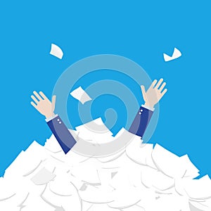 Man with his hands up in a pile of papers. Business or scientist concept. Vector illustration. - Illustration