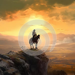 A man and his horse ride along a cliff at sunset, under a colorful sky