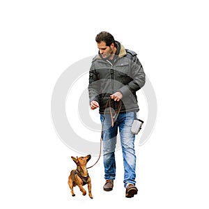 A man and his little dog practicing