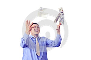 Man with his salary isolated on white background. Office worker and dollars. Happy face of top manager. Guy in smart shirt and tie