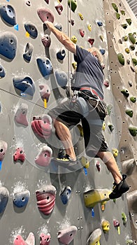 A man in his sixties energetically ascends the side of a climbing wall, gripping onto colorful handholds and footholds