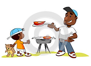 Man and his son cooking meat on barbecue grill