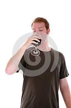 A man and his wine isolated on white