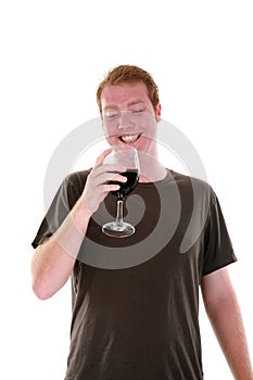 A man and his wine isolated on white