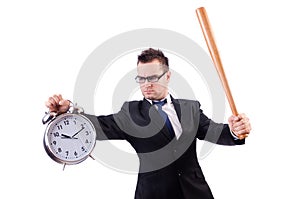 Man hitting the clock with baseball bat isolated