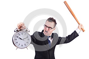 Man hitting the clock with baseball bat isolated