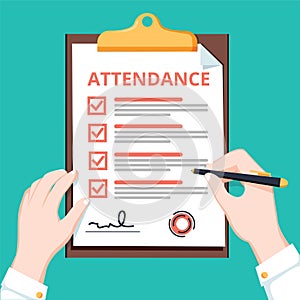 Man hold Attendance clipboard with checklist. Questionnaire, survey, clipboard, task list. Flat design, illustration