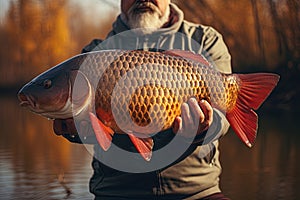 Man hold big carp fish in his hands. Generative Ai