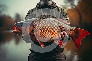Man hold big carp fish in his hands. Generative Ai