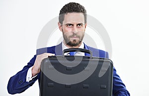 Man hold briefcase. Business profit. Commercial offer. Businessman demonstrate briefcase. Business conference. Business