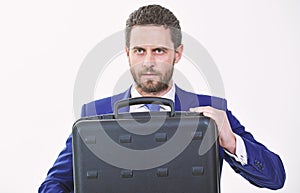 Man hold briefcase. Business profit. Commercial offer. Businessman demonstrate briefcase. Business conference. Business