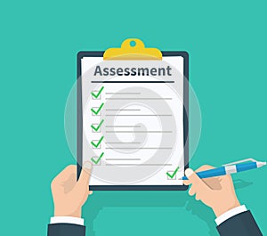 Man hold clipboard with Assessment, green ticks checkmarks and pen. Checklist, Test complete tasks, to-do list, survey