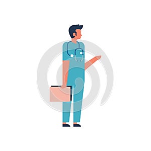 Man hold clipboard medical doctor phonendoscope profile icon male healthcare concept full length flat