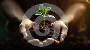 Man hold green new plant in his hands. Farmers little sprout plant. Eco concept.