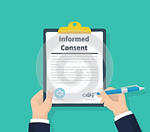 Man hold information consent. Human signs document. Business or medical agreement. Clipboard in hand. Flat design