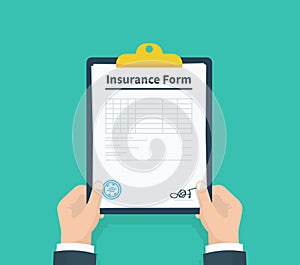 Man hold Insurance form clipboard with checklist. Questionnaire, survey, clipboard, task list. Flat design, vector