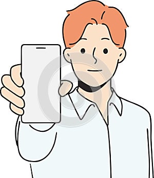 Man hold phone for advertisement. Editable color and size eps file