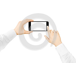 Man hold phone blank screen mockup two hands, press button