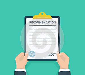 Man hold recommendation clipboard with checklist. Questionnaire, survey, clipboard, task list. Flat design, vector