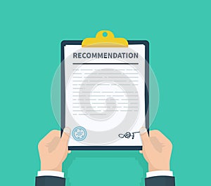 Man hold recommendation clipboard with checklist. Questionnaire, survey, clipboard, task list. Flat design, vector photo