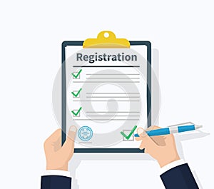 Man hold Registration clipboard with checklist. Man hold in hand clipboard agreement. Flat design, vector illustration photo