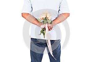 Man hold rose flower behind for surprise his wife