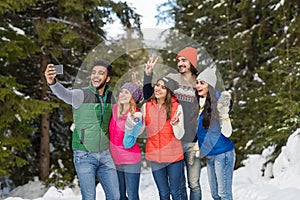 Man Hold Smart Phone Camera Taking Selfie Photo Snow Forest Young People Group Outdoor Winter