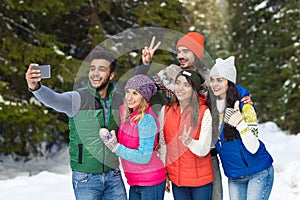 Man Hold Smart Phone Camera Taking Selfie Photo Snow Forest Young People Group Outdoor Winter