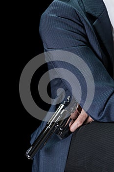 Man Hold Stainless Gun or Shooter in Hand Side Body Shoot Below in Book Cover Style