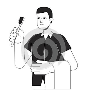 Man hold toothbrush flat line black white vector character