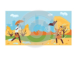 Man hold umbrella walk in urban city park, woman stroll autumn bad windy weather flat vector illustration, isolated on