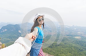 Man Hold Woman Hand, Tourist Couple On Mountain Top Happy Smile Enjoy Beautiful Landscape