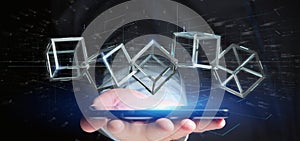 Man holding a 3d rendering blockchain cube on a backgro