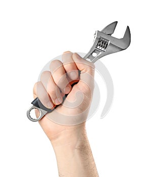 Man holding adjustable wrench isolated on white, closeup