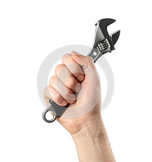 Man holding adjustable wrench isolated on white, closeup